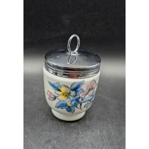 Royal Worcester Porcelain Egg Coddler Floral Made in England Chrome Lid Ring Top